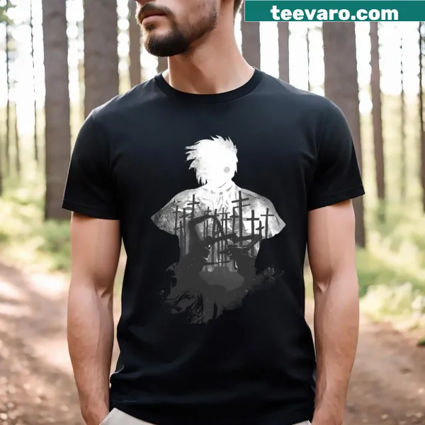 Monochrome graphic T-shirt featuring Alucard from gothic fantasy