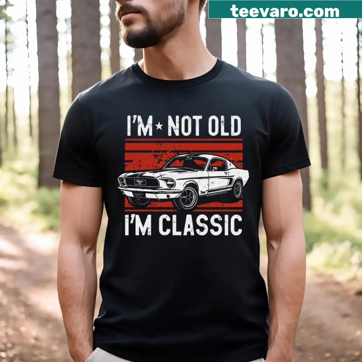 Vintage-distressed T-shirt featuring a classic Mustang design — on a men's t-shirt