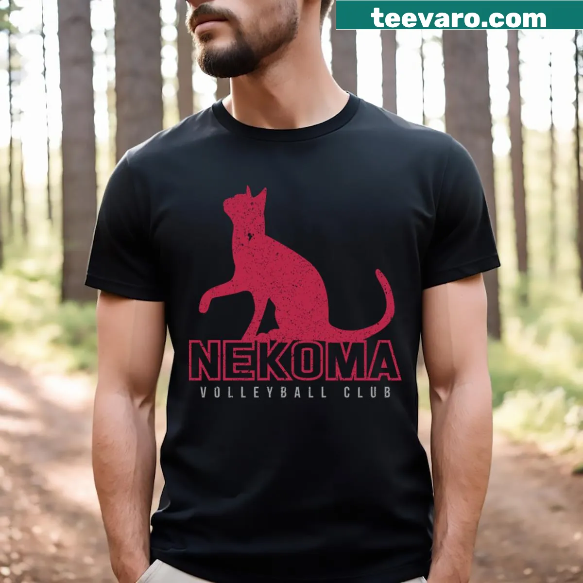 Illustrated t-shirt of Nekoma Volleyball Club with energetic graphics — on a men's t-shirt