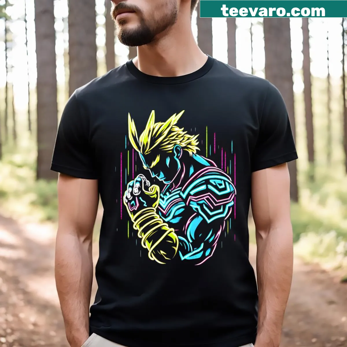Pop-art style T-shirt featuring a vibrant design of All Might — on a men's t-shirt