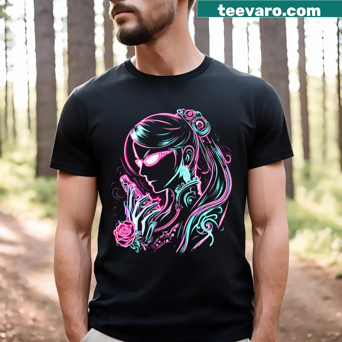 Neon graphic T-shirt featuring Beyonetta from gaming — on a men's t-shirt