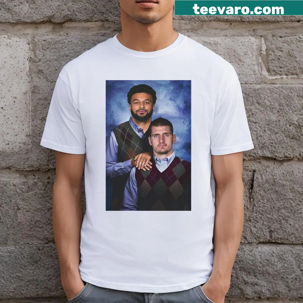 Funny t-shirt with Jokic and Murray names for Denver Nuggets fans — on a men's t-shirt