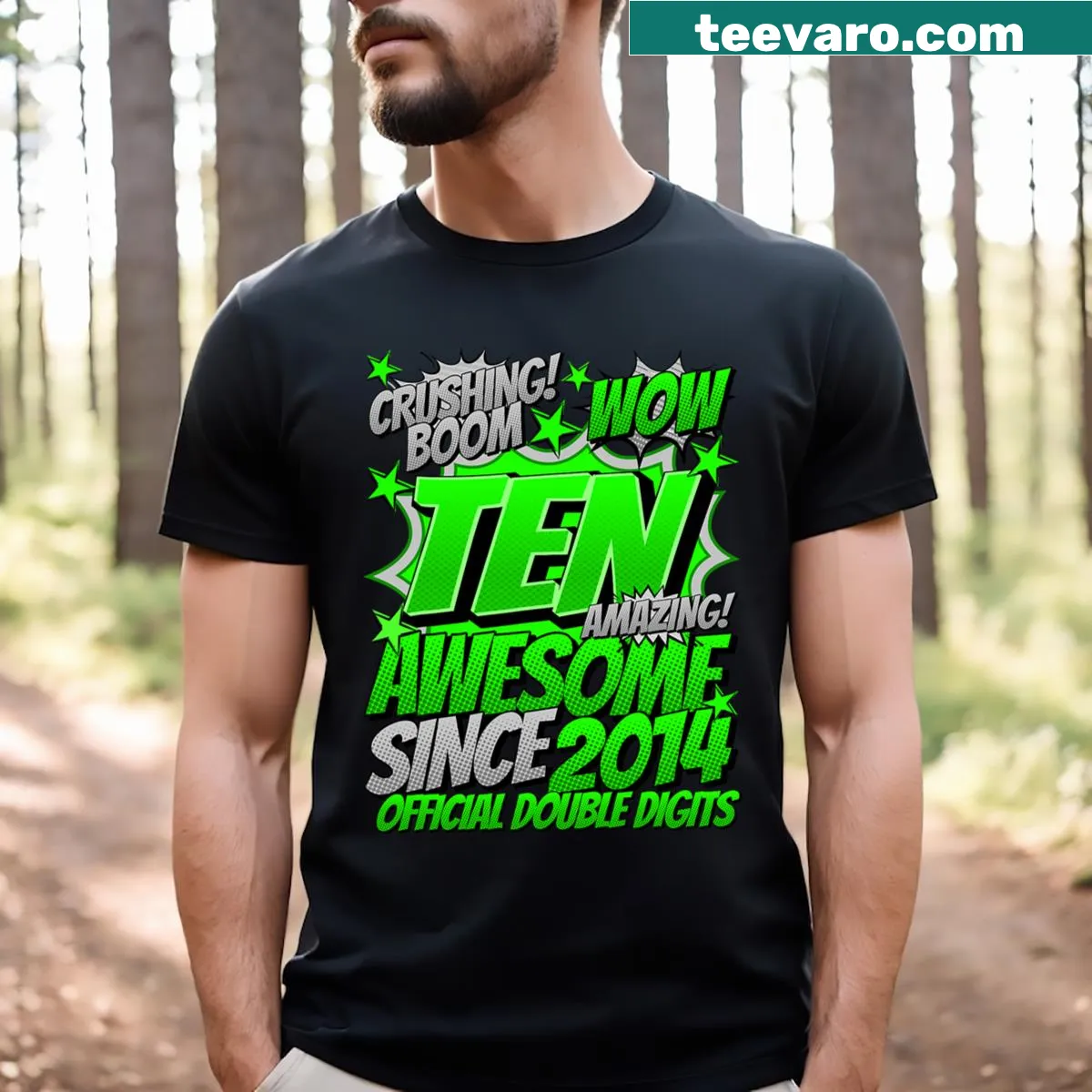 Comic-style graphic celebrating a child's 10th birthday on a t-shirt. — on a men's t-shirt