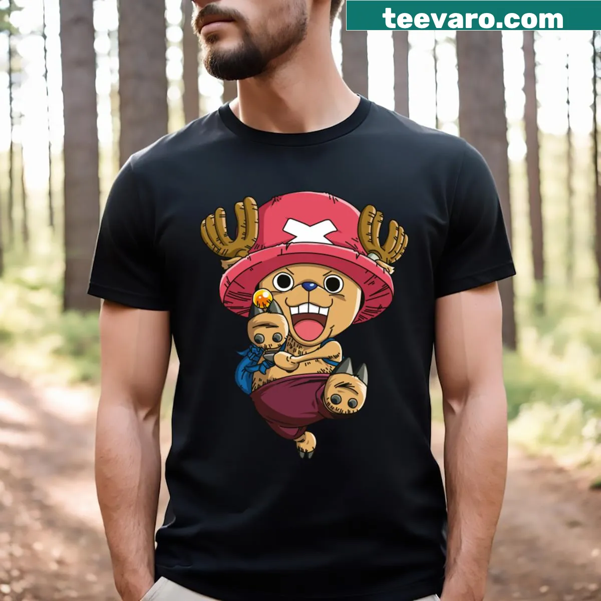 T-shirt featuring an illustration of Chopper from One Piece anime — on a men's t-shirt
