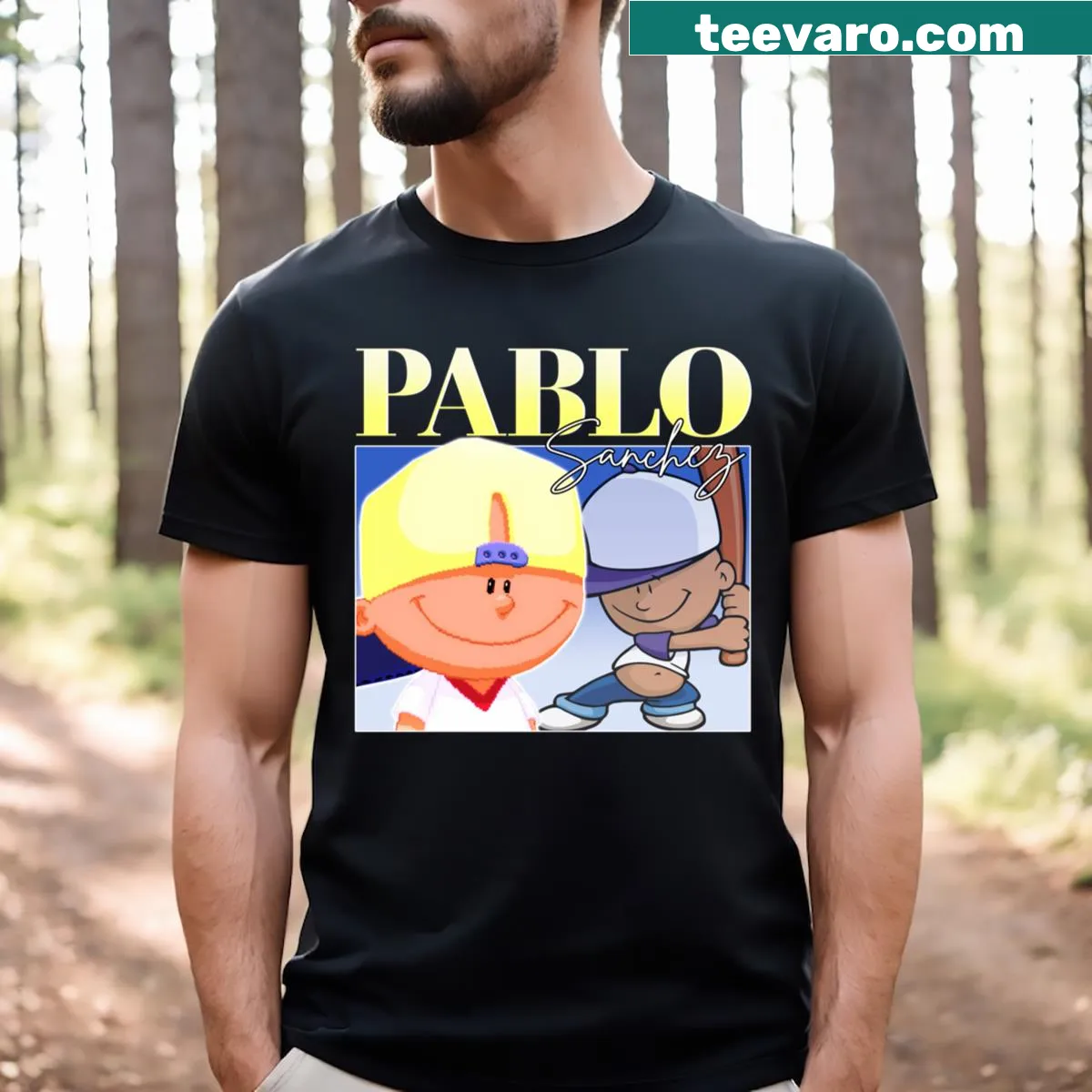 Vintage Pablo Sanchez backyard baseball graphic t-shirt — on a men's t-shirt
