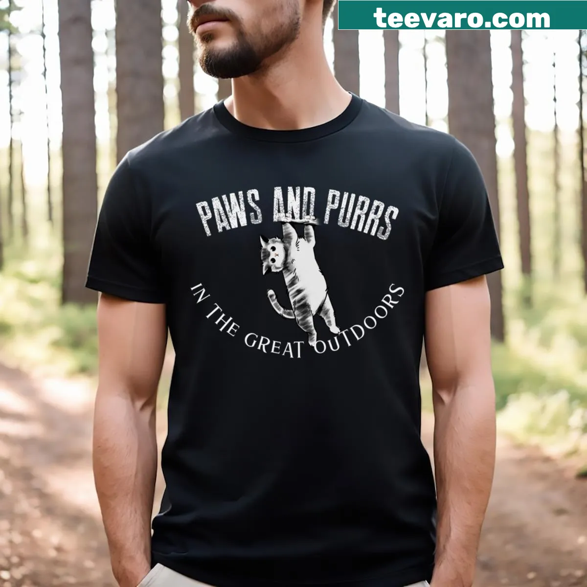 Funny T-shirt with cats camping in the outdoors — on a men's t-shirt