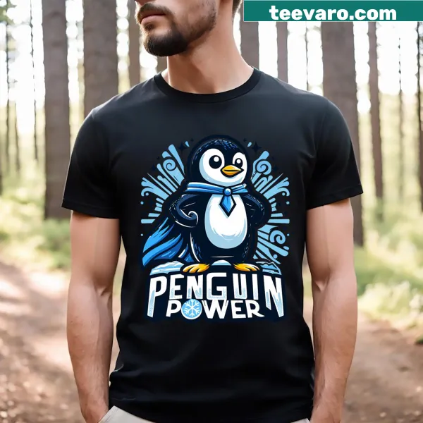 Cute superhero penguin illustration on a whimsical t-shirt