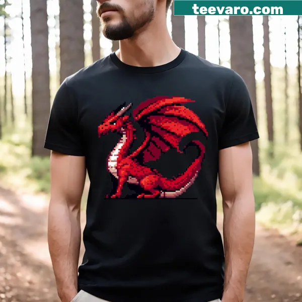Pixel art graphic of a red dragon on a T-shirt