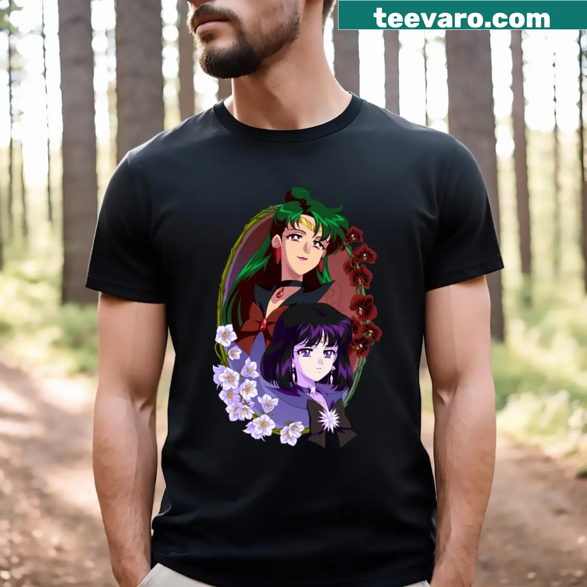 Illustration of Pluto and Saturn on a cosmic-themed t-shirt — on a men's t-shirt