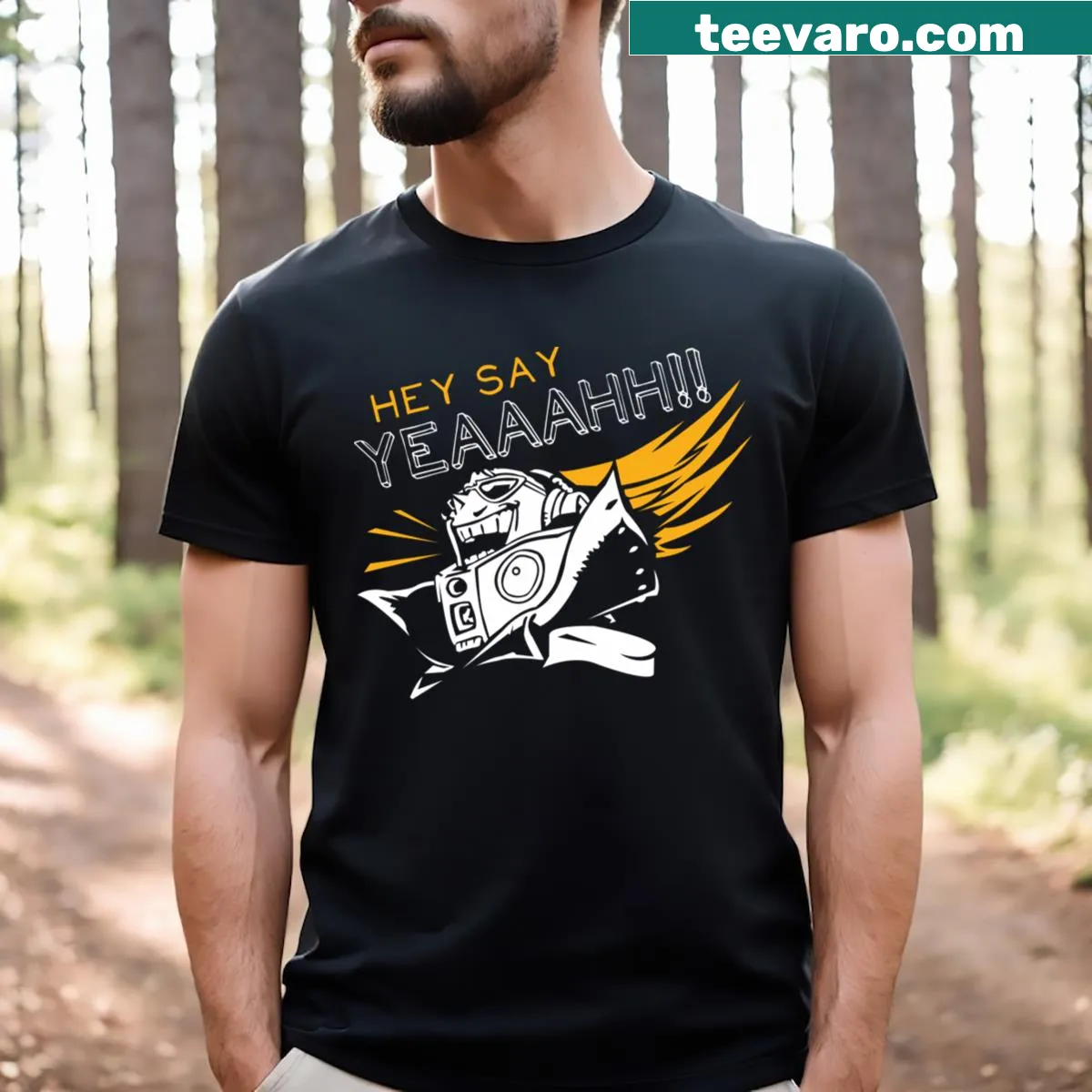 Illustrative design featuring Present Mic Hizashi Yamada from anime — on a men's t-shirt
