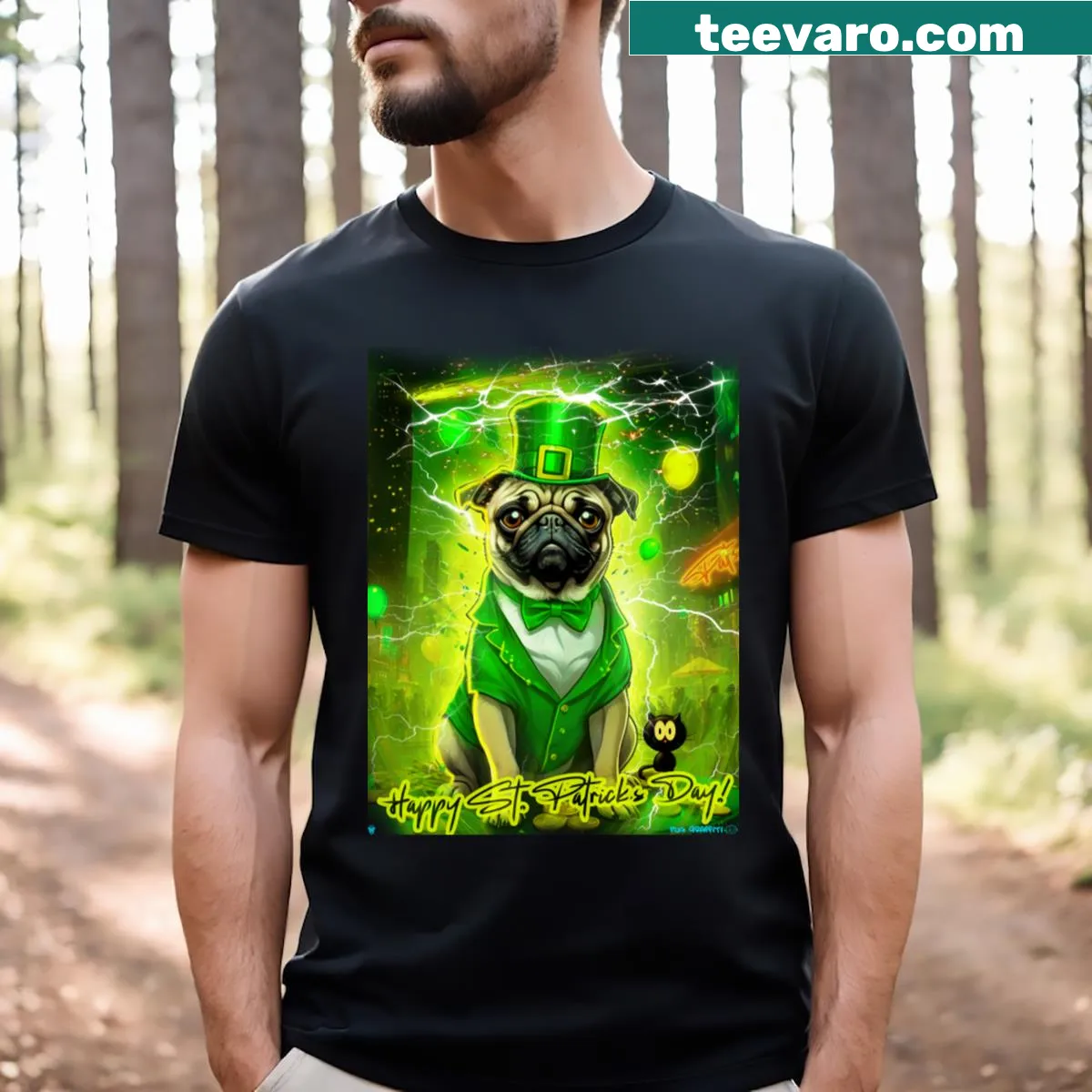 St. Patrick's Day Pug t-shirt with festive hat and playful text — on a men's t-shirt