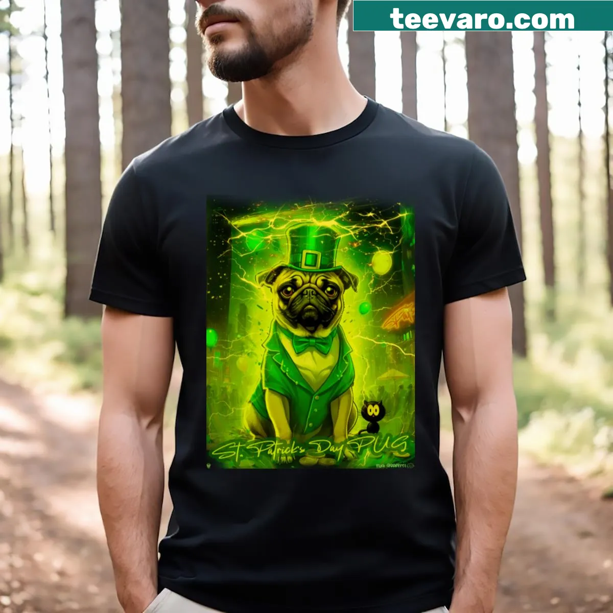 Cute St. Patrick's Day T-shirt featuring a pug illustration. — on a men's t-shirt