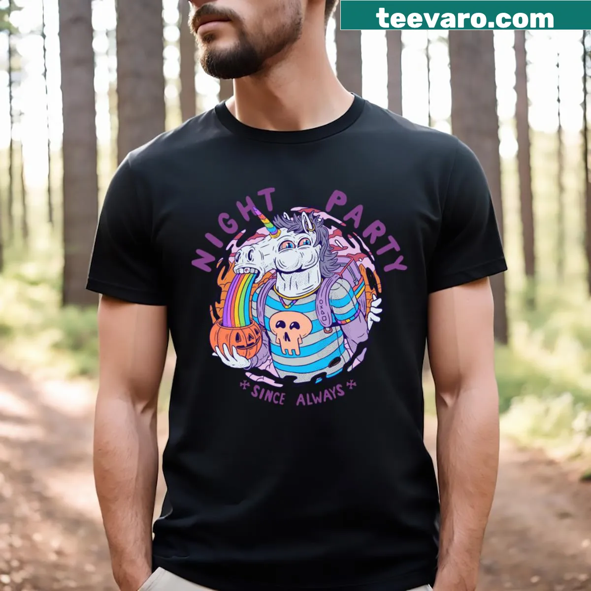 Cartoon unicorn with rainbow-colored puke on t-shirt — on a men's t-shirt
