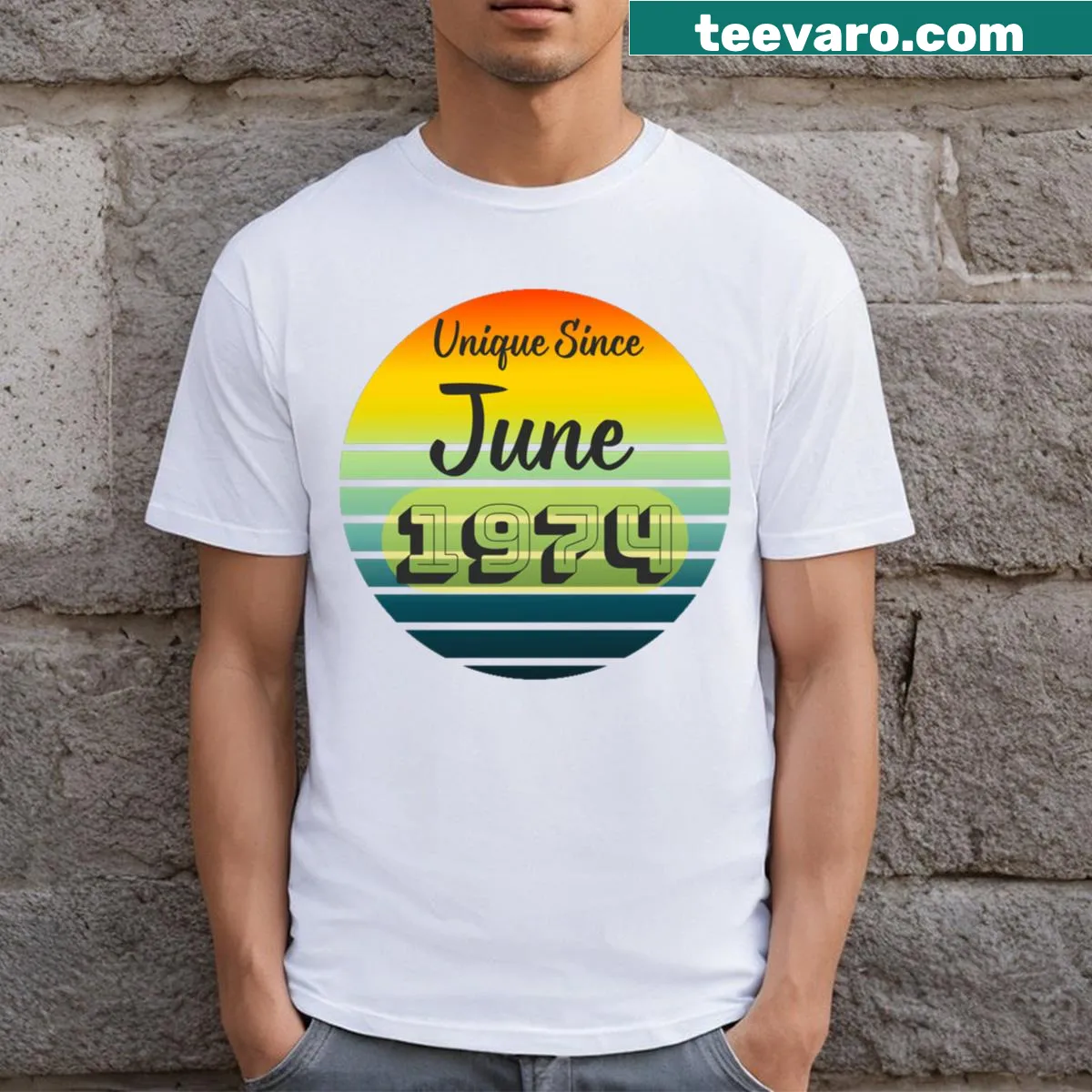 Retro birthday shirt with sunset graphic and unique since June 1974 text — on a men's t-shirt