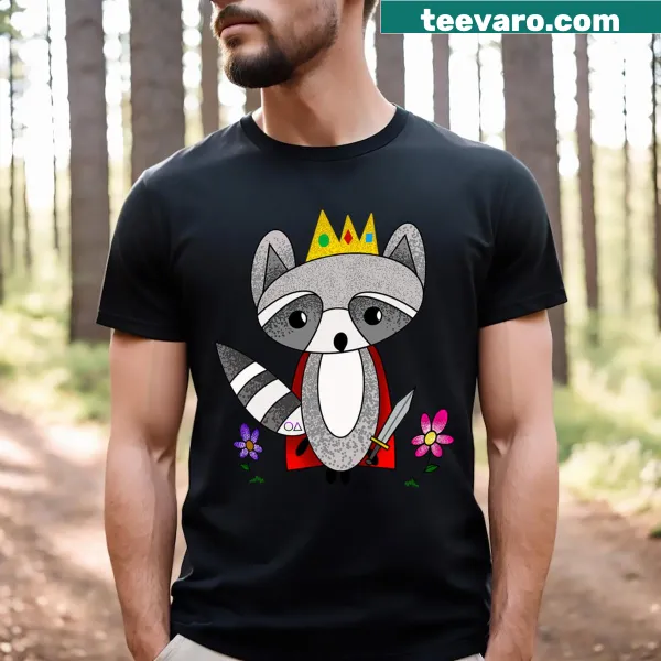 Cartoon graphic of Ricky Raccoon as a superhero king