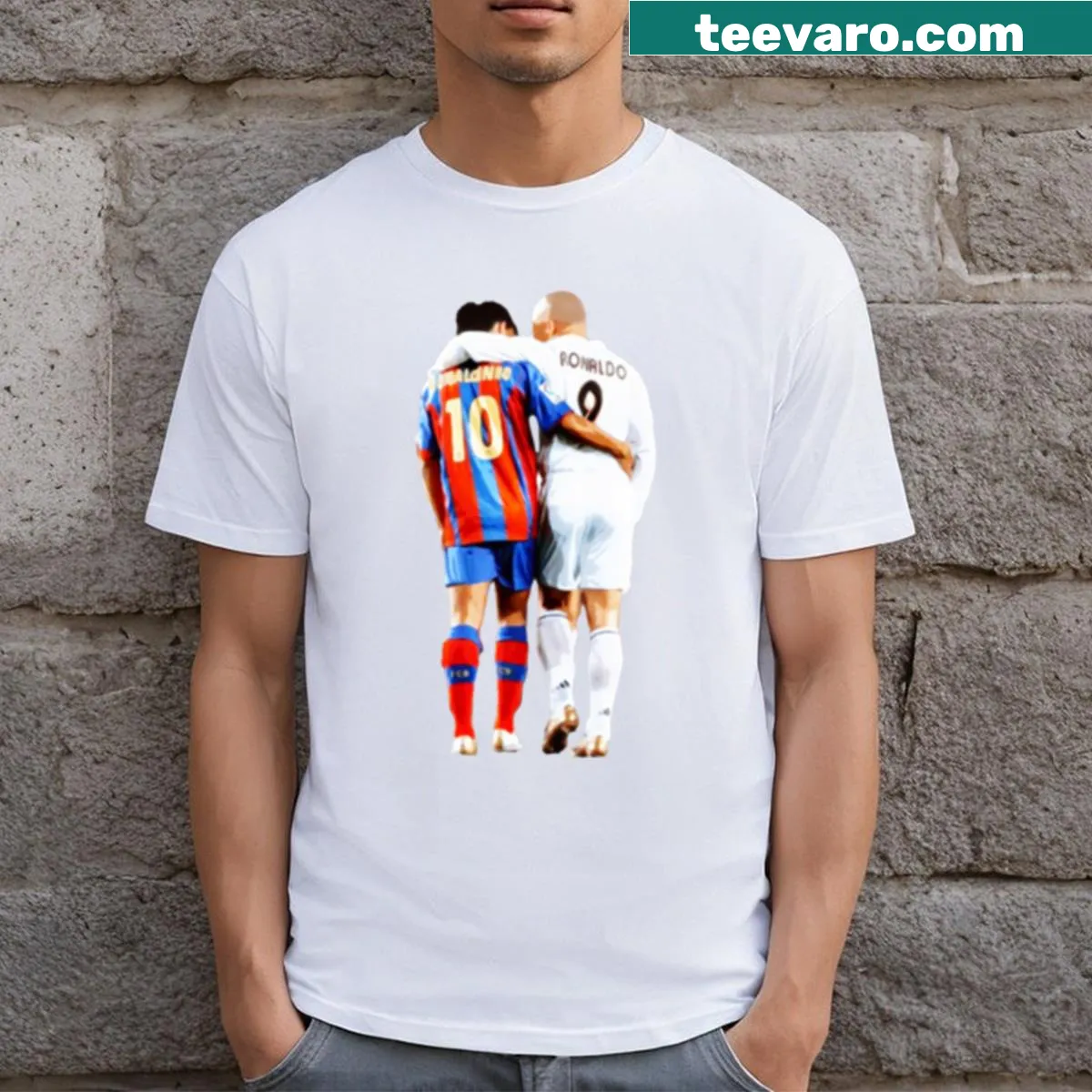 Illustrated T-shirt featuring Ronaldinho and R9 Ronaldo — on a men's t-shirt