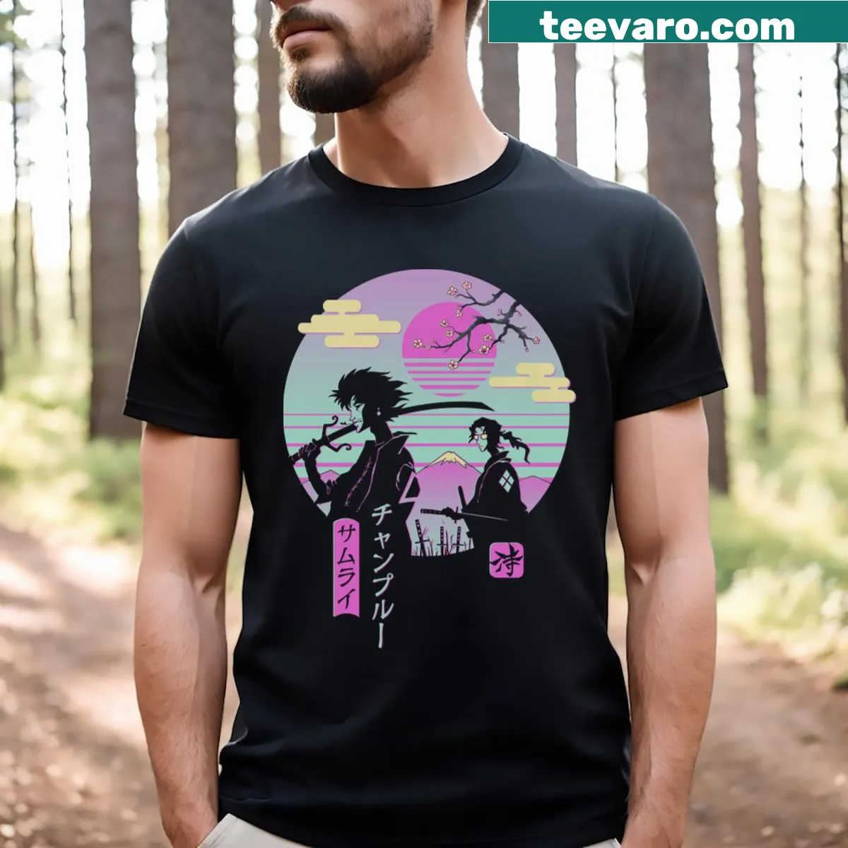 Samurai-themed chillhop back print t-shirt with artistic design — on a men's t-shirt