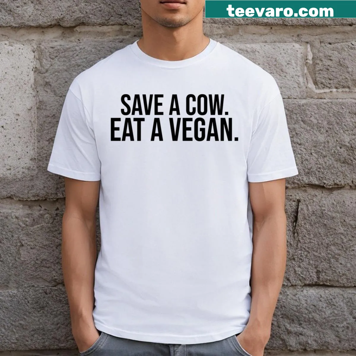 Funny vegan t-shirt with the phrase Save A Cow Eat A Vegan — on a men's t-shirt