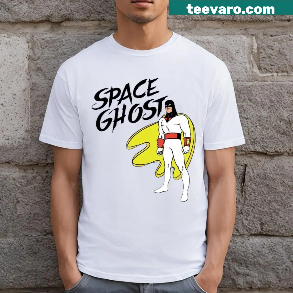 T-shirt featuring Space Ghost character design — on a men's t-shirt