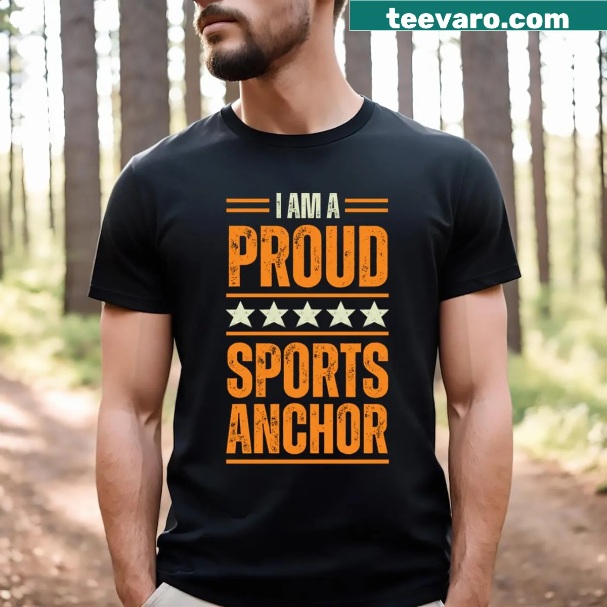 Typographic design celebrating the role of a sports anchor. — on a men's t-shirt