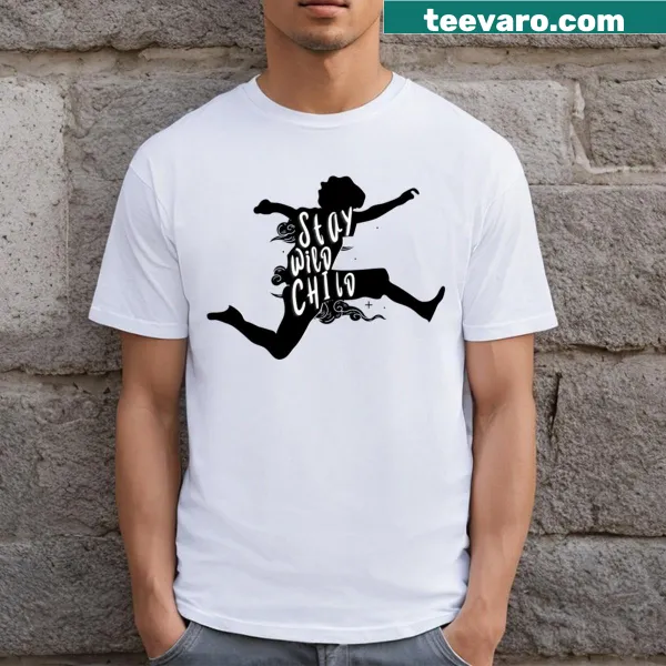 Playful Stay Wild Child t-shirt encouraging outdoor adventures