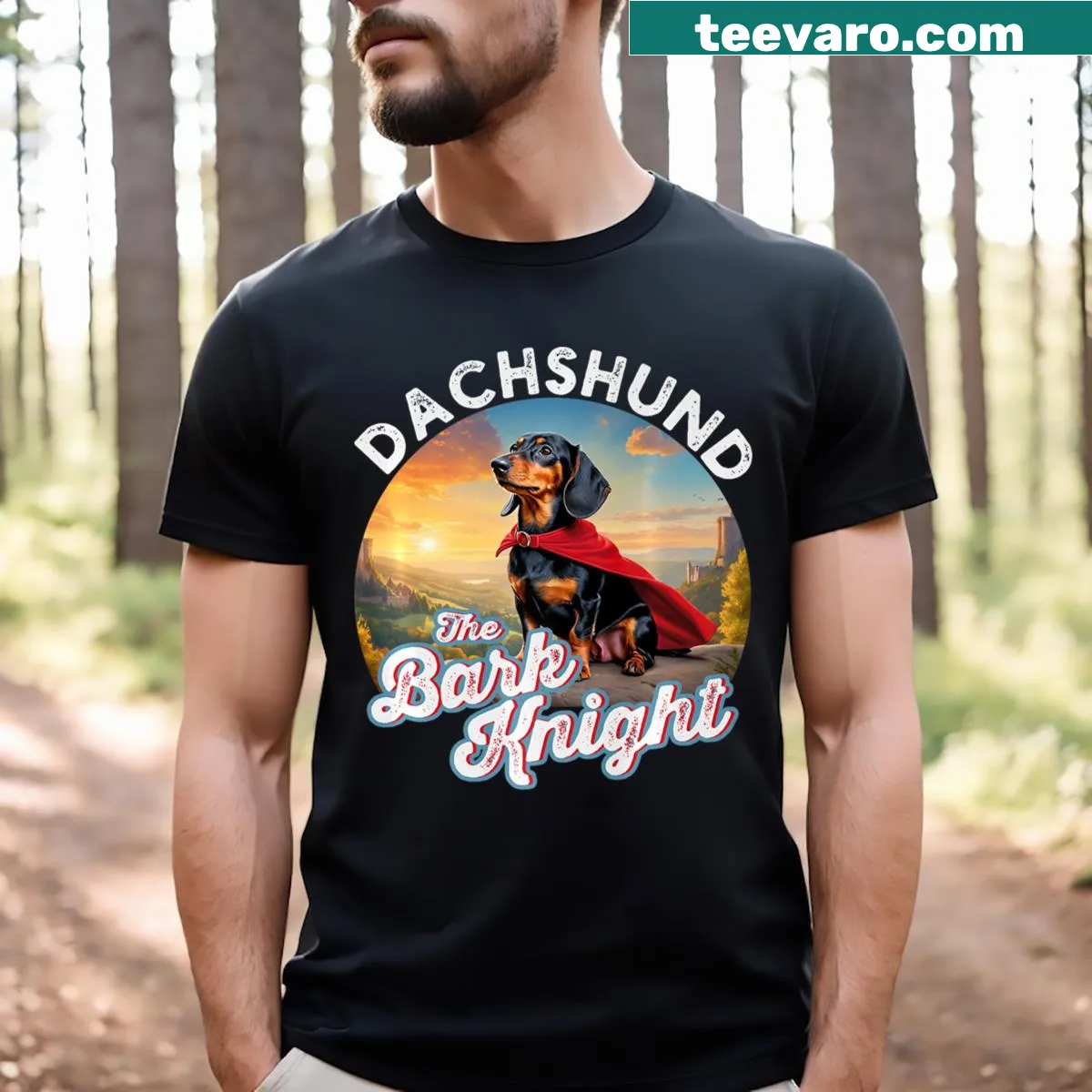 Illustrated dachshund superhero T-shirt with humorous theme — on a men's t-shirt
