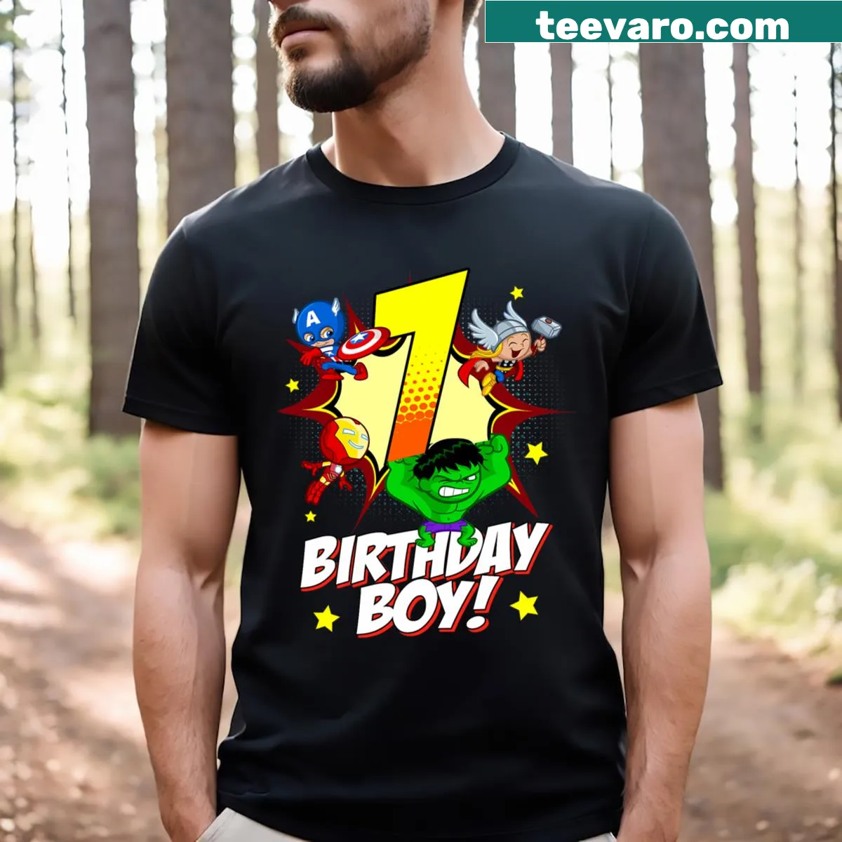 Illustrative superhero T-shirt celebrating 7th birthday — on a men's t-shirt