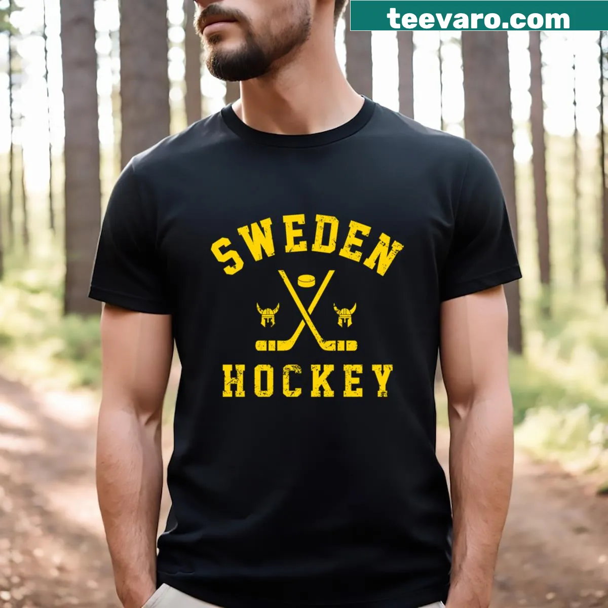 Sweden Ice Hockey t-shirt with bold text and sporty design — on a men's t-shirt
