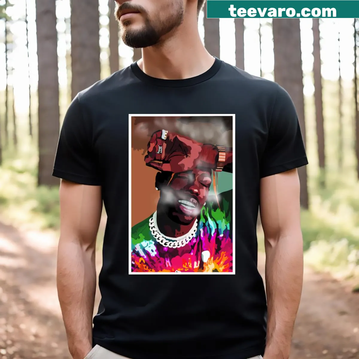 T R A V I S pop art style t-shirt with playful graphic — on a men's t-shirt