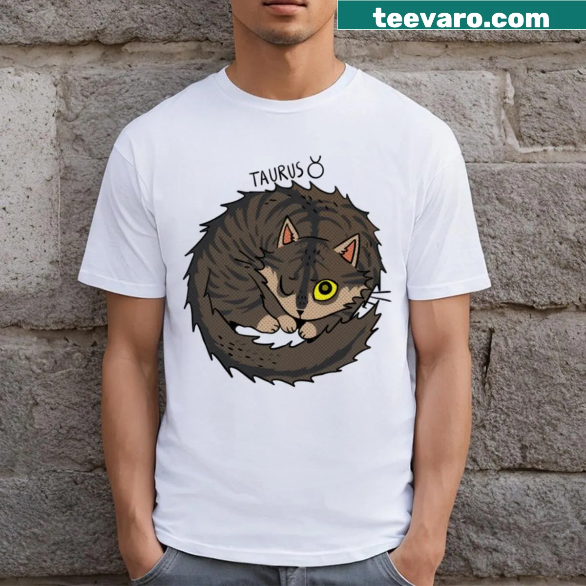 Adorable Taurus cat illustration on a long T-shirt — on a men's t-shirt
