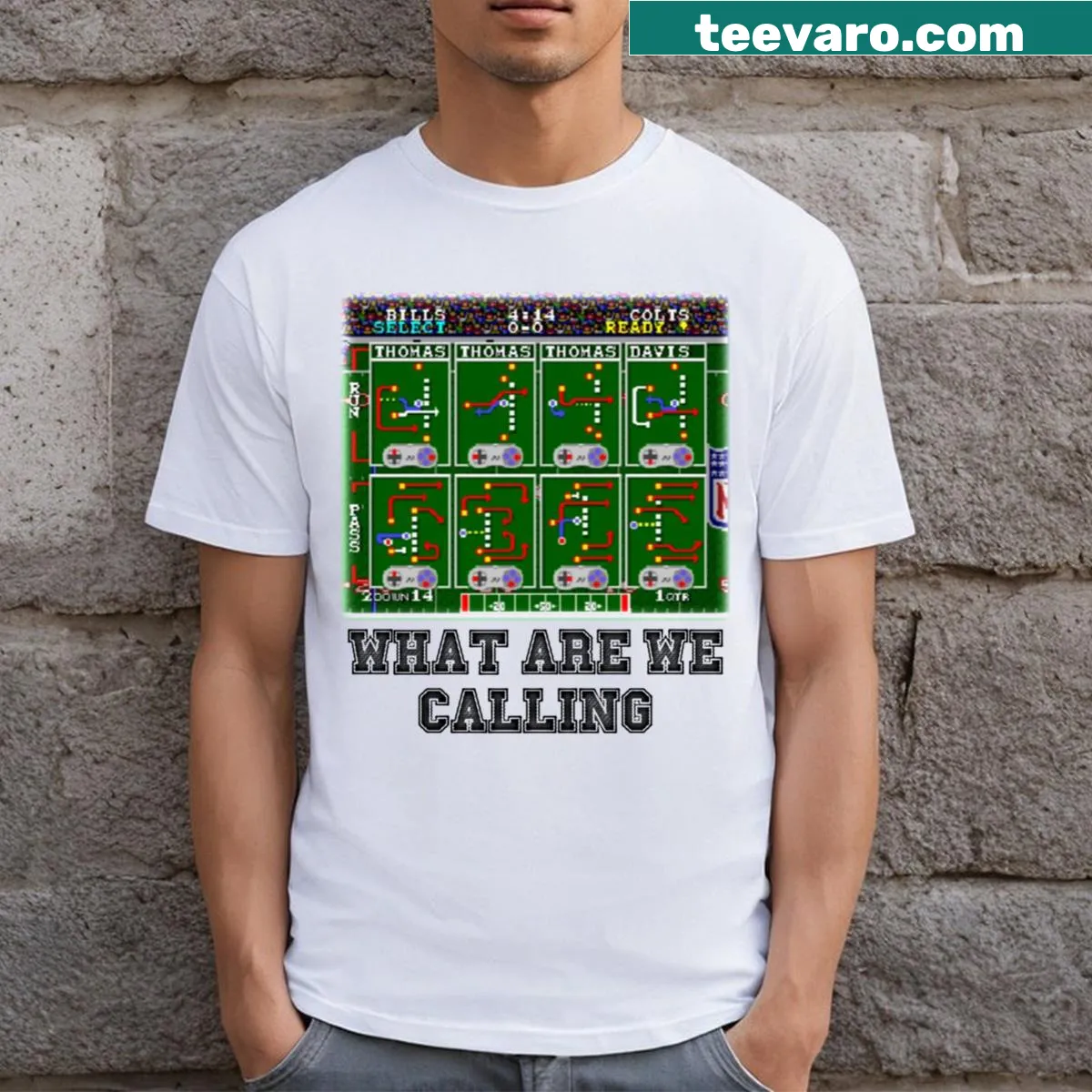 Bold typography on a Tecmo Super Bowl themed T-shirt — on a men's t-shirt