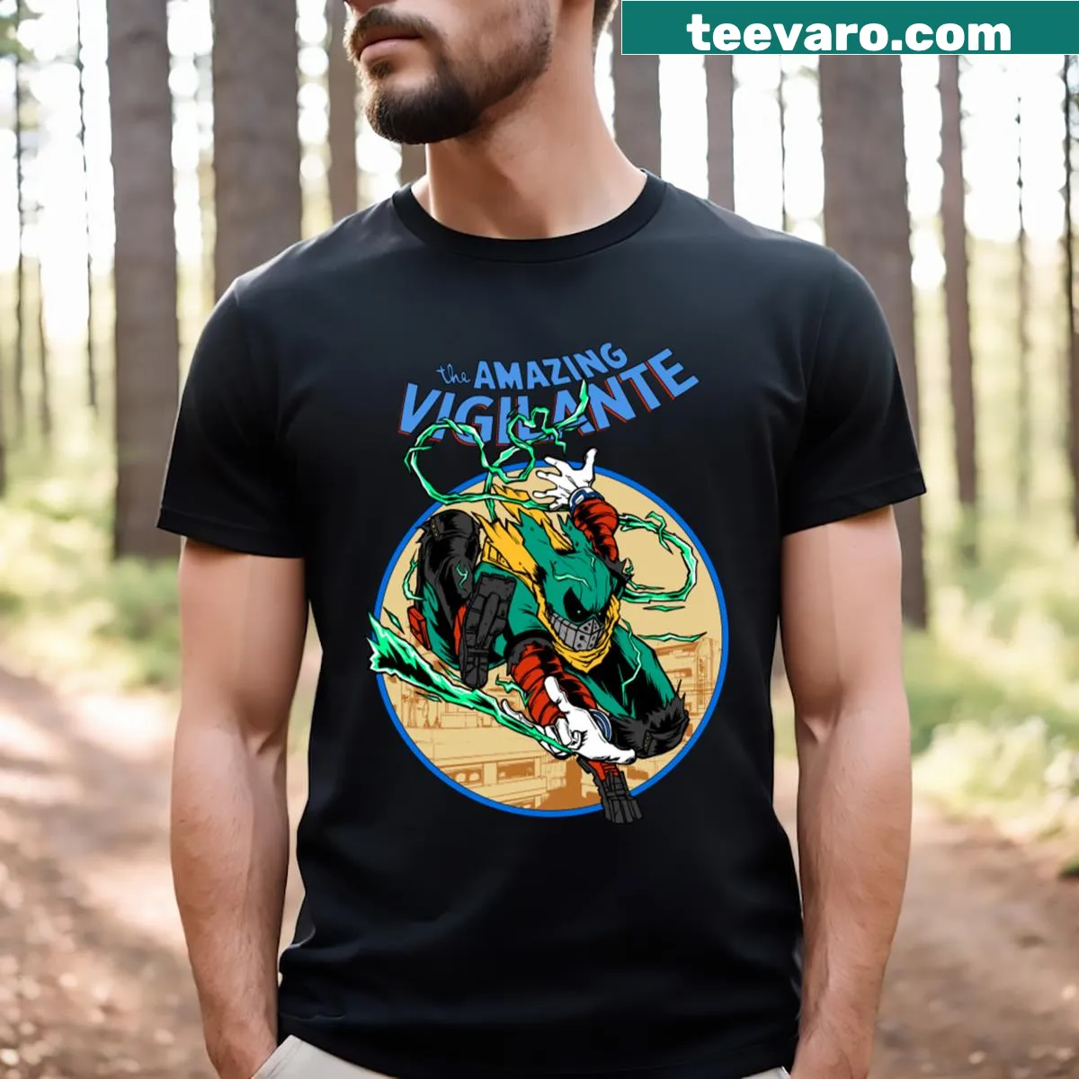 Vigilante graphic T-shirt representing justice and heroism. — on a men's t-shirt