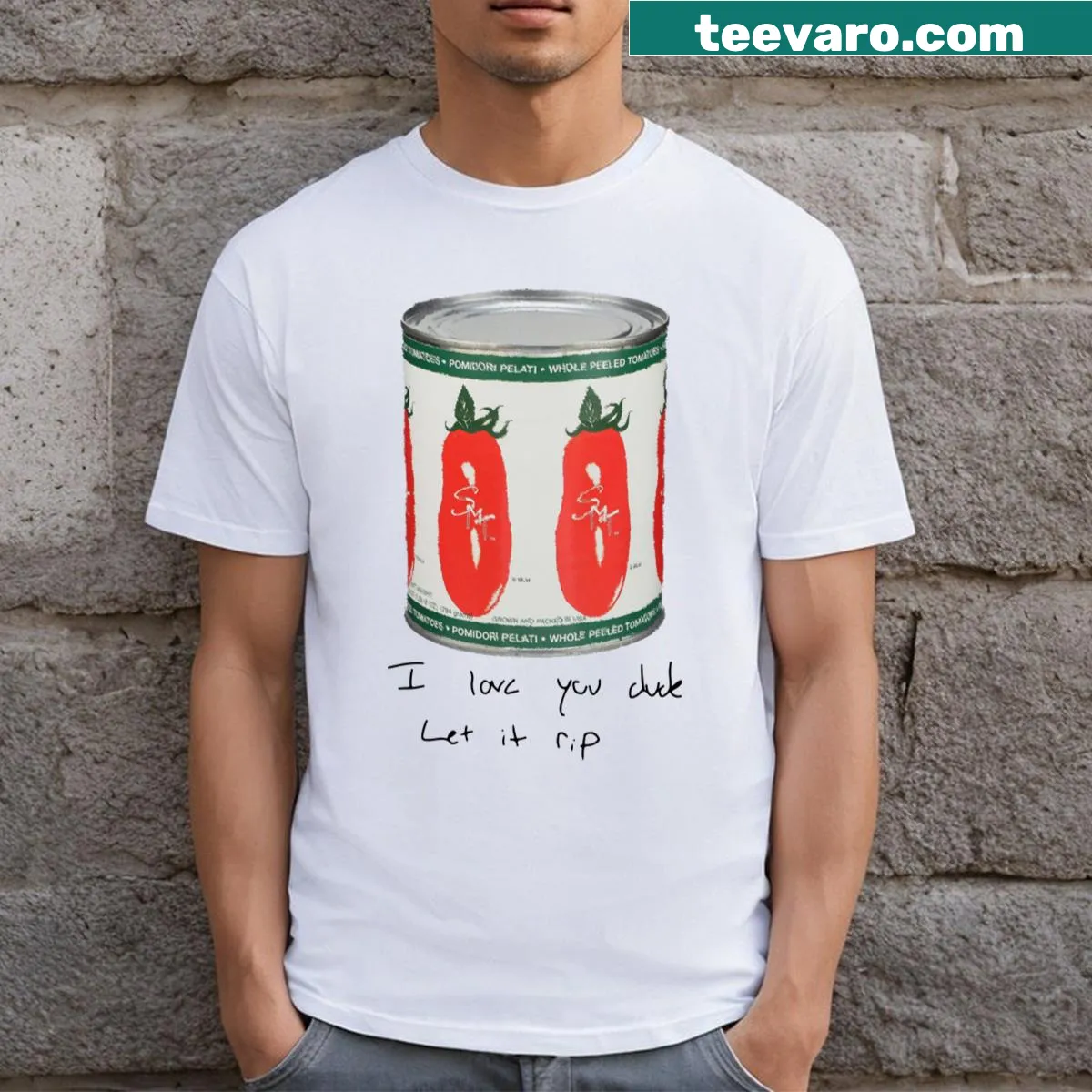 Whimsical bear graphic holding San Marzano tomatoes can. — on a men's t-shirt