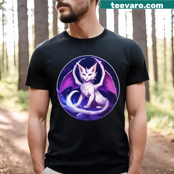 Illustrated T-shirt with a white dragon cat logo design