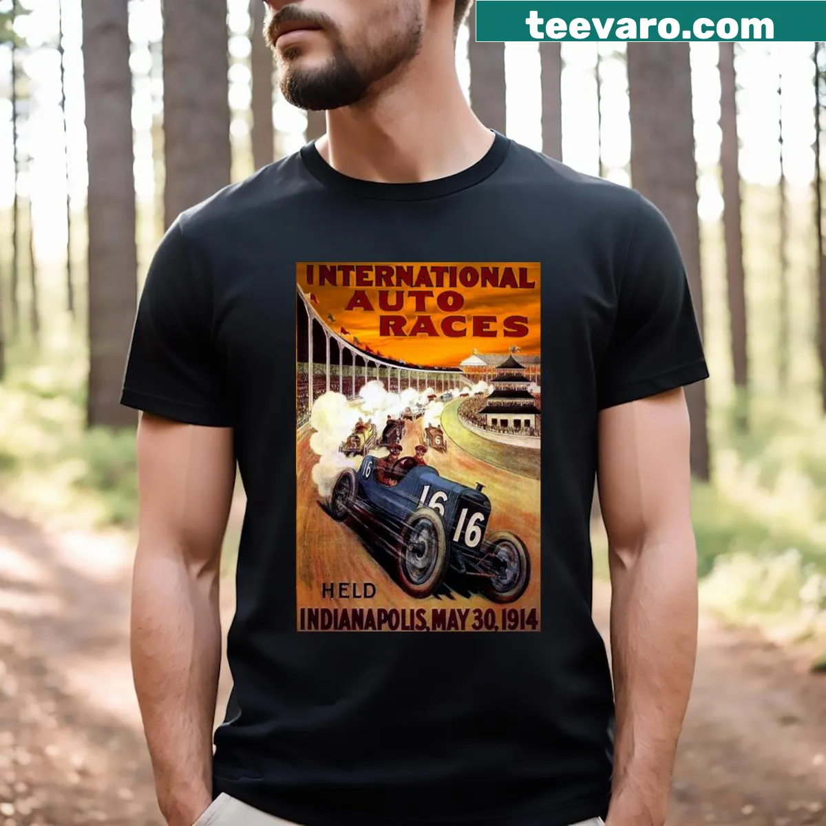 Vintage-style typography T-shirt celebrating early motorsports from 1914 — on a men's t-shirt