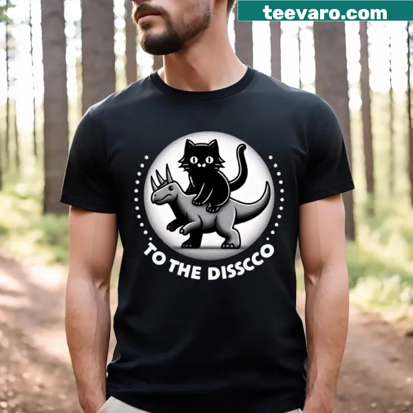 Cartoon cat riding triceratops in disco theme T-shirt