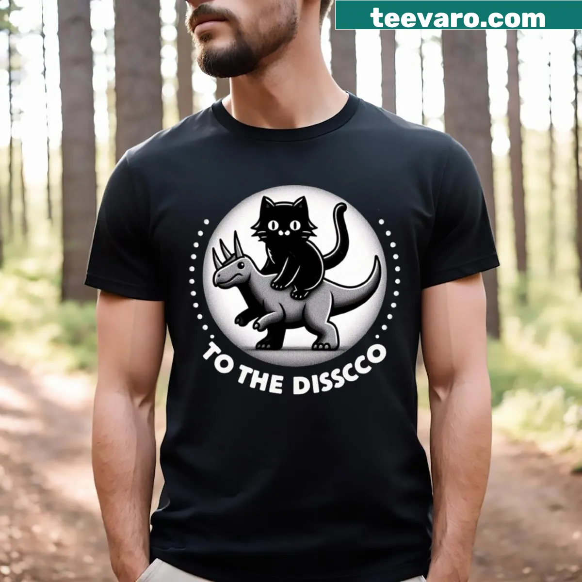 Cartoon cat riding triceratops in disco theme T-shirt — on a men's t-shirt