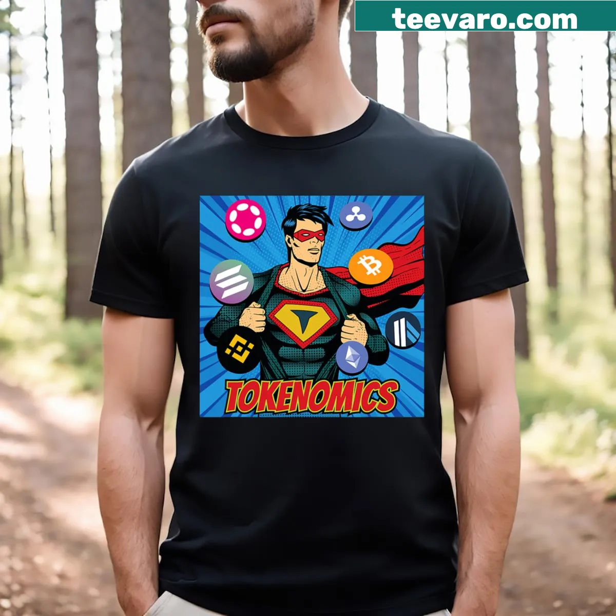 T-shirt depicting cryptocurrency superhero theme with Bitcoin graphics — on a men's t-shirt