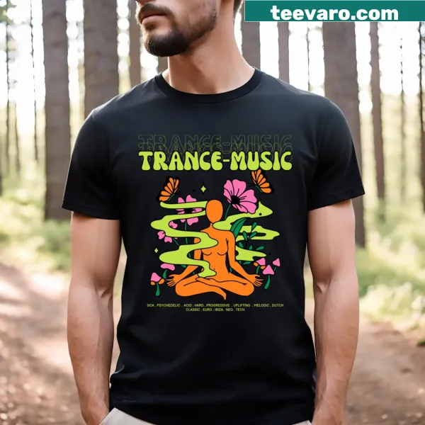 Typography design t-shirt promoting trance music and meditation