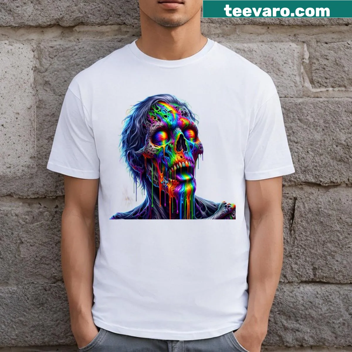 Cartoon melting zombie t-shirt with humorous design — on a men's t-shirt