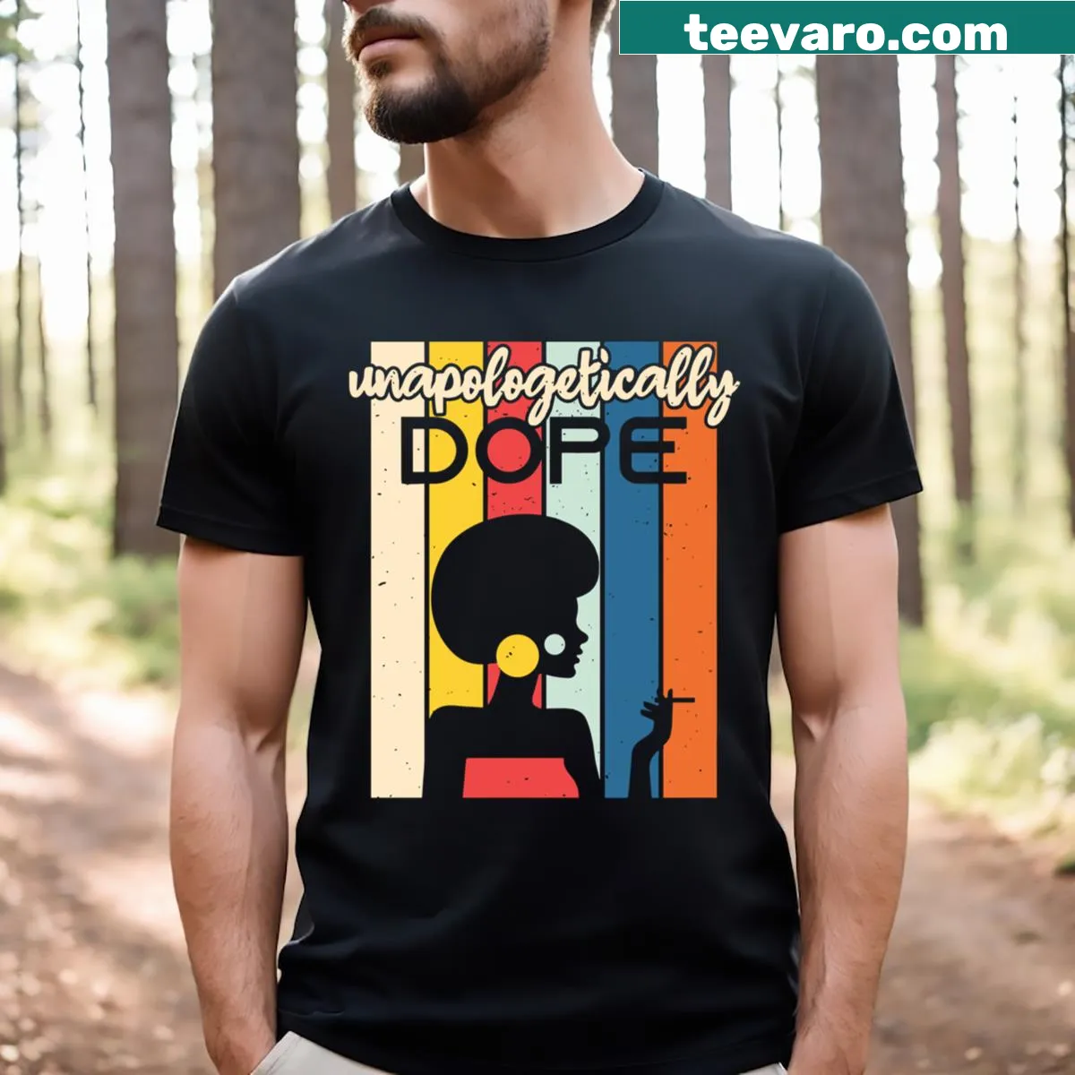 Graphic tee featuring 'Unapologetically Dope' with afro art. — on a men's t-shirt