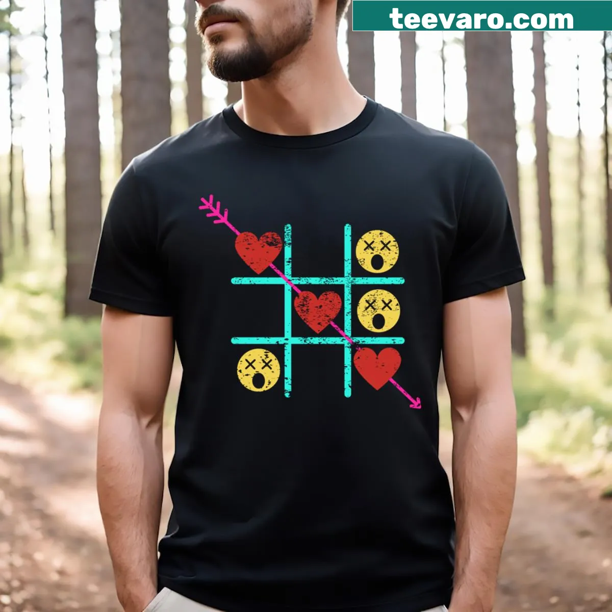 Tic Tac Toe T-shirt with a playful game design for Valentine's Day — on a men's t-shirt