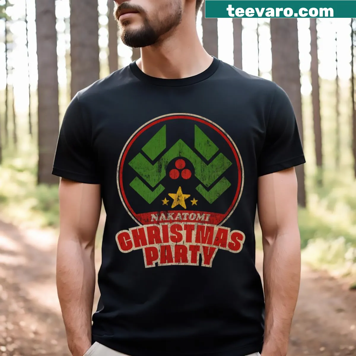 Vintage 90s Nakatomi Christmas Party T-shirt with retro design — on a men's t-shirt