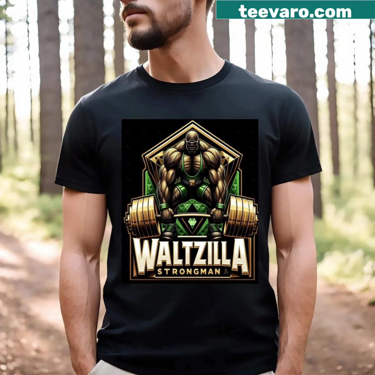Whimsical strongman illustration on Waltzilla t-shirt — on a men's t-shirt
