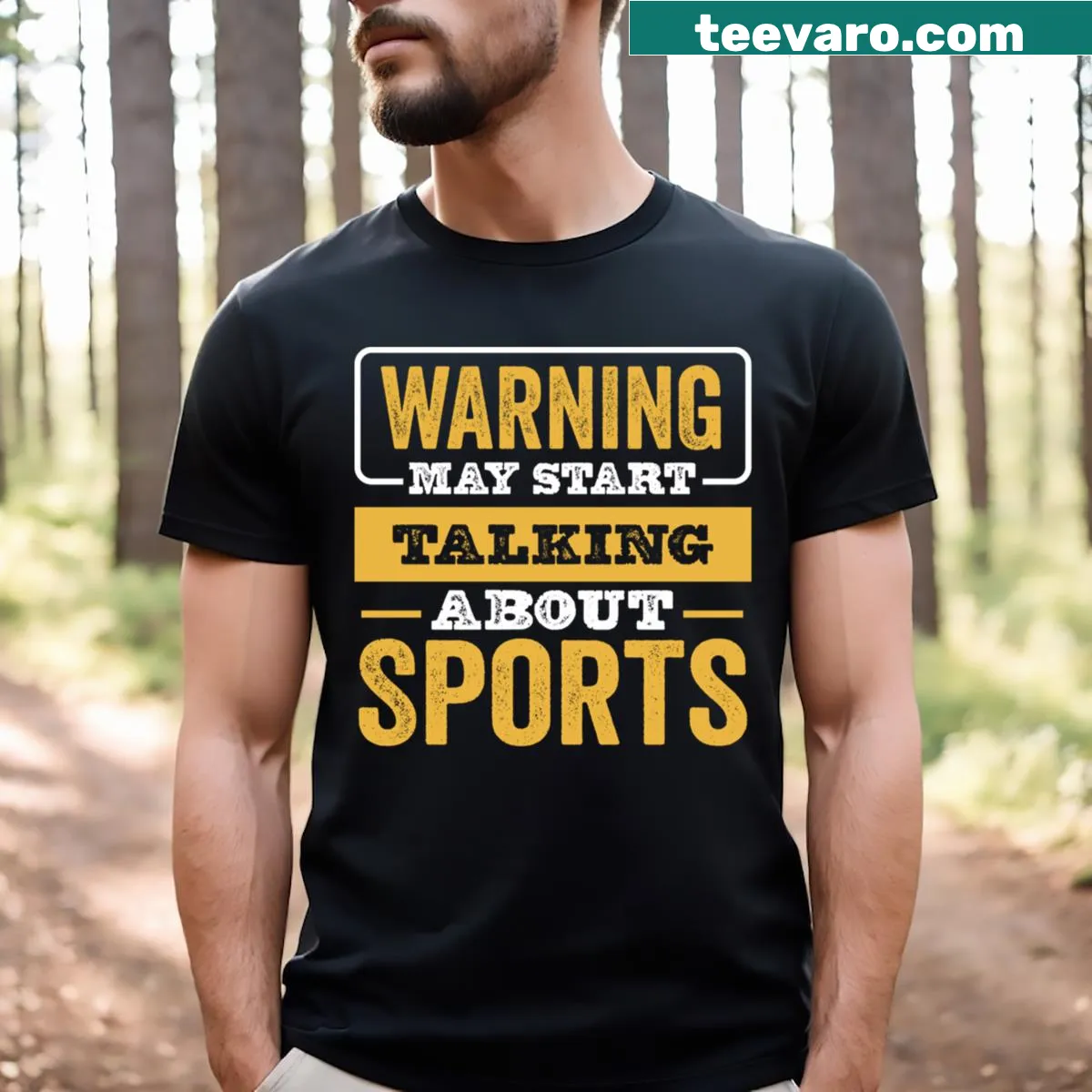 Funny sports shirt with a warning to start sports conversations — on a men's t-shirt