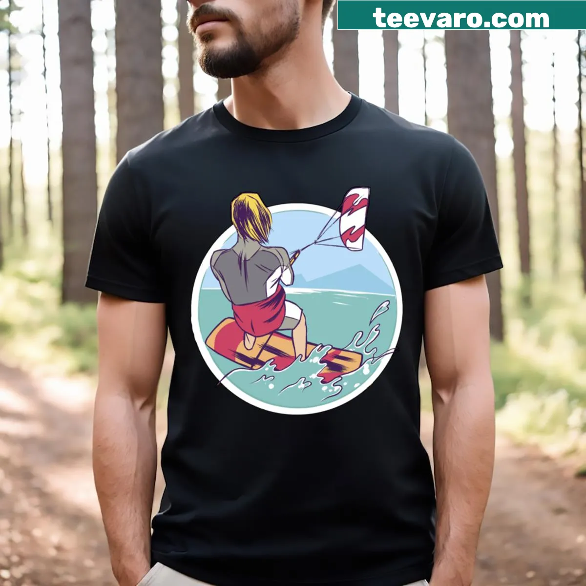 T-shirt featuring various water sports illustrations — on a men's t-shirt