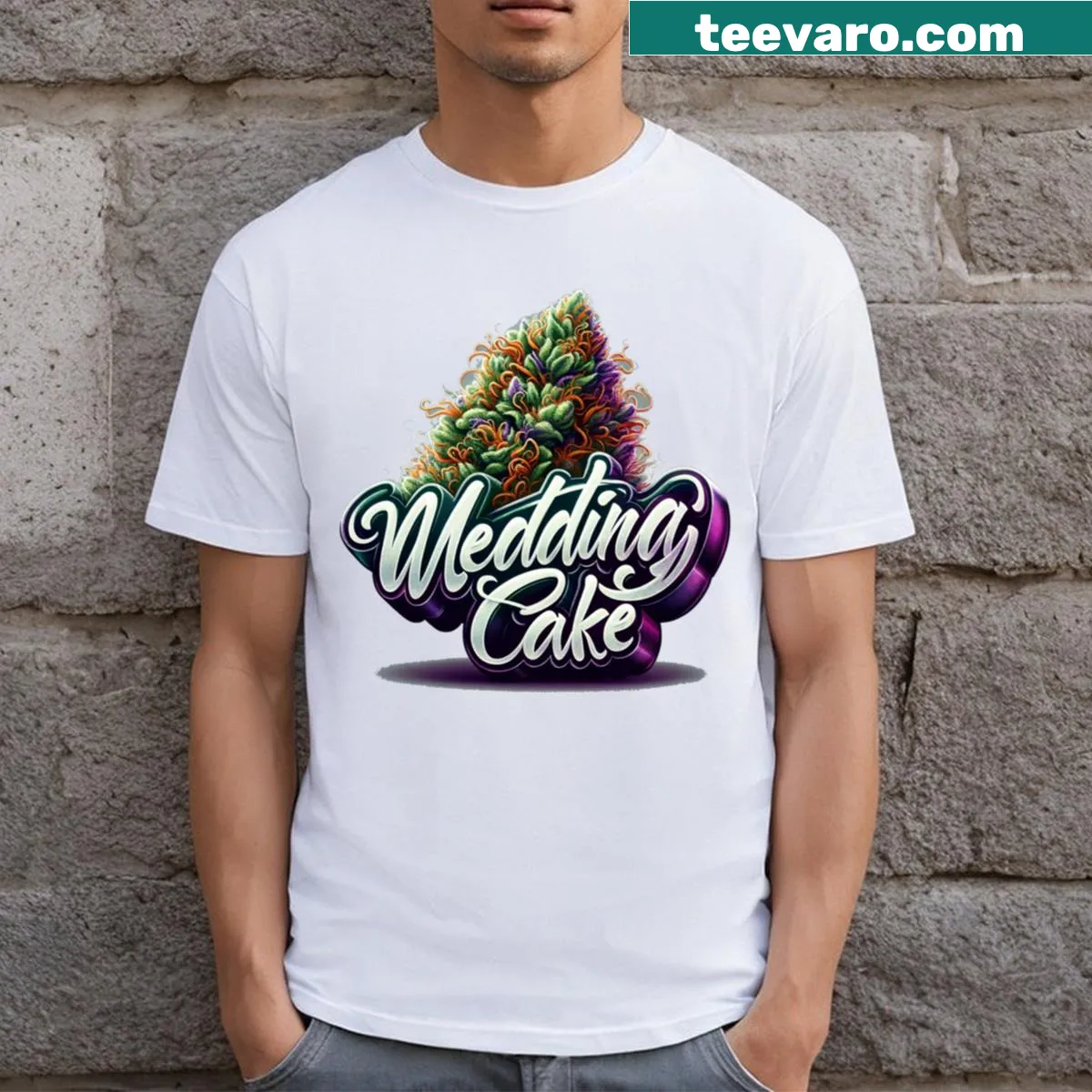 Humorous t-shirt featuring a wedding cake with cannabis leaves — on a men's t-shirt