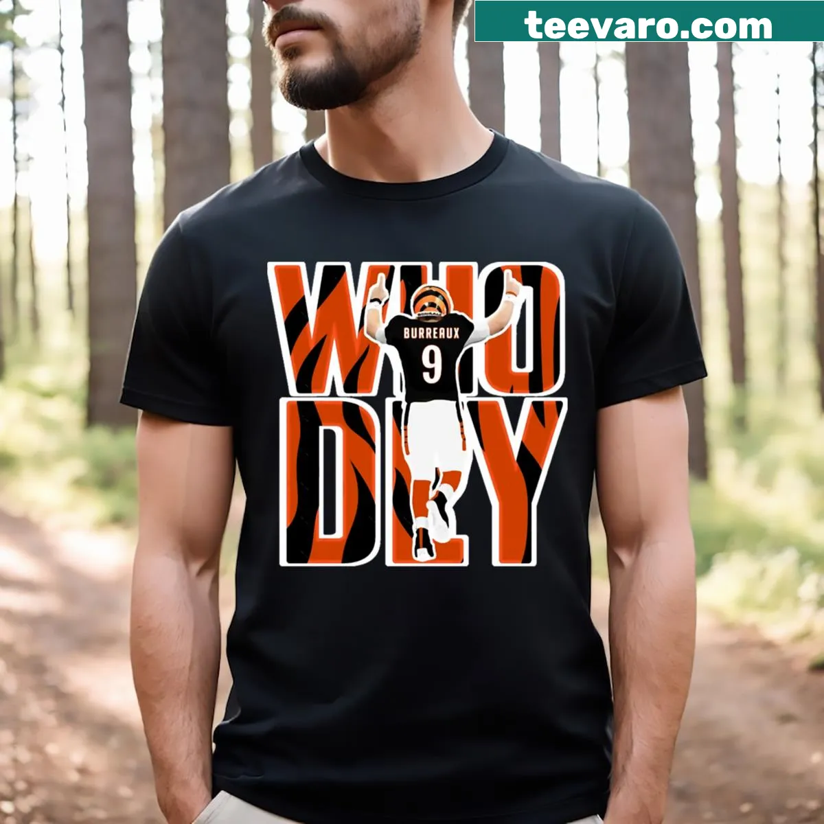 Who Dey Burrow t-shirt with team spirit graphic — on a men's t-shirt