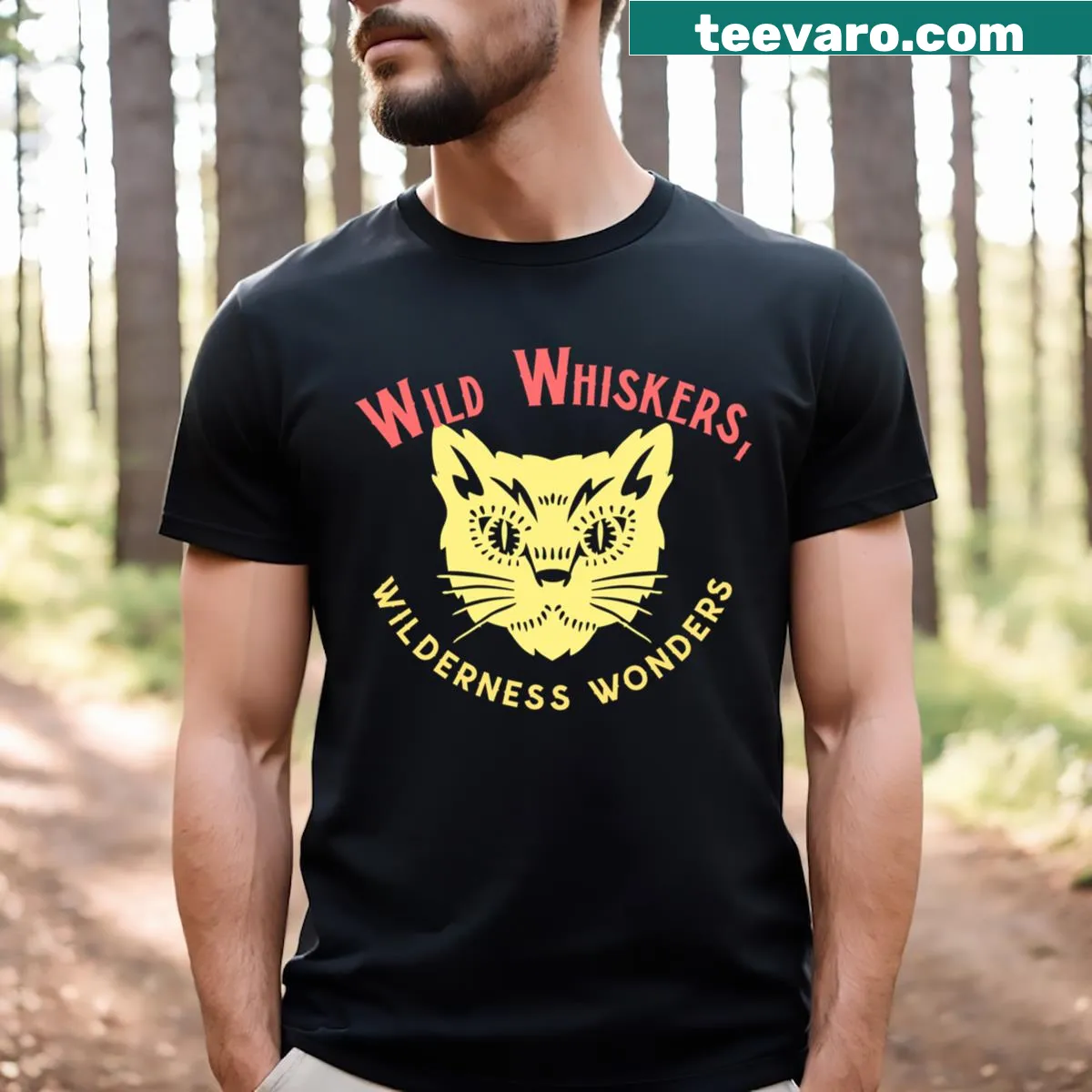 T-shirt with cartoon cats in a camping scene — on a men's t-shirt