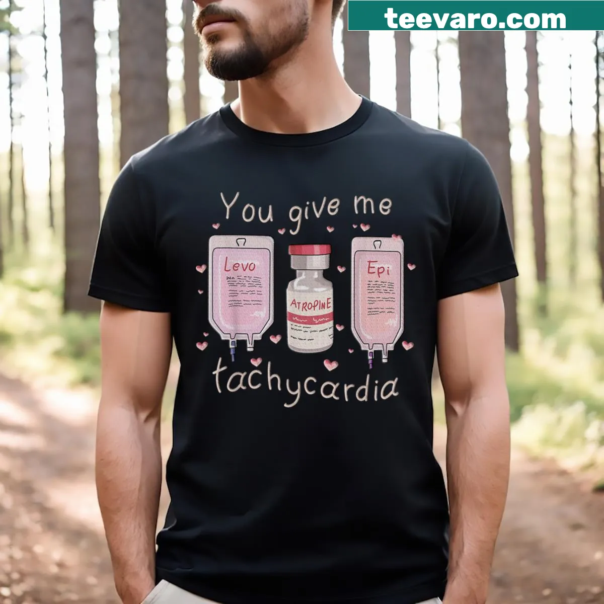 Funny 'You Give Me Tachycardia' Valentine's Day t-shirt for nurses — on a men's t-shirt